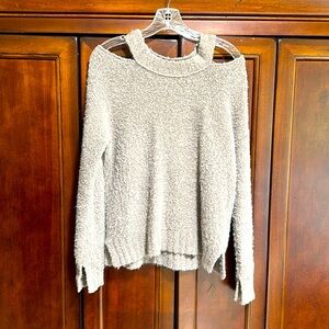 Anthropologie Moth Women’s Sm Wool Blend Taupe Cold Shoulder Boucle Knit Sweater